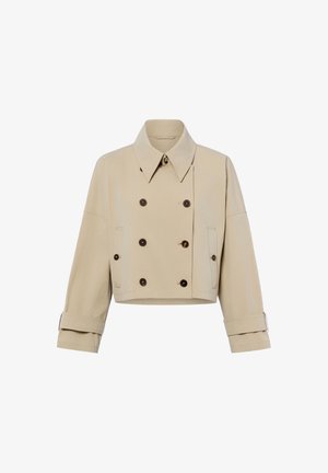 Beige cropped dobbeltradet jakke med bredt krave, lange ærmer, knaplukning på manchetter og to sidelommer.