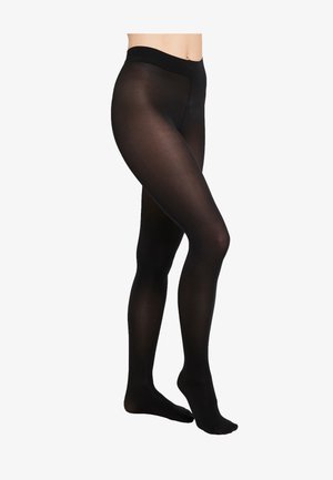 Black opaque tights with a wide waistband, smooth texture, and fitted shape, extending from waist to ankle. Translucent appearance.