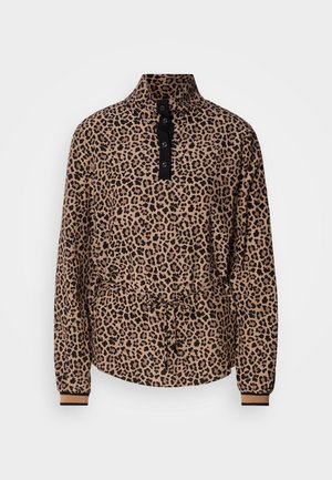 Leopard print pullover in beige and black, featuring a high collar, black buttons, and a cinched waist with a tie. Long sleeves with contrasting cuffs.