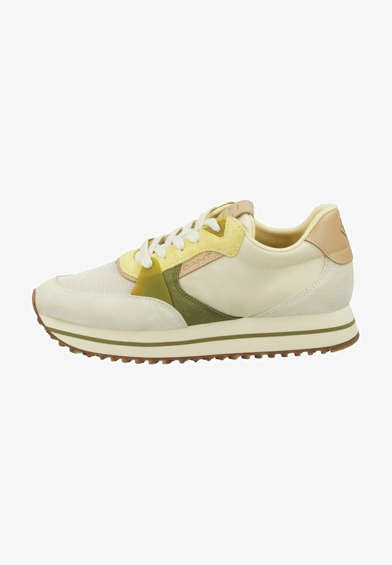 Sneakers with a mix of beige leather, green and yellow suede accents, white laces, and a textured brown rubber sole.