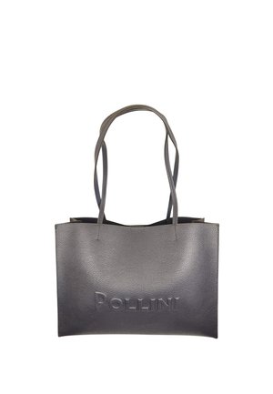 Borsa tote in pelle grigia con texture, dotata di due manici lunghi e logo "POLLINI" in rilievo al centro della parte anteriore.