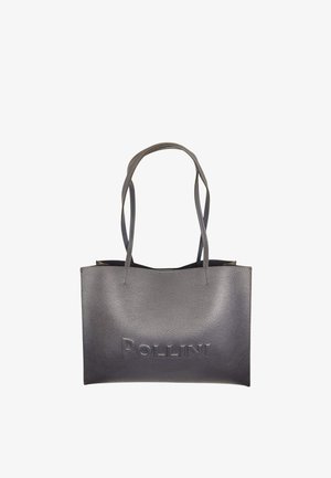Borsa tote in pelle grigia con texture, dotata di due manici lunghi e logo "POLLINI" in rilievo al centro della parte anteriore.