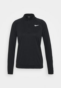 Musta pitkähihainen urheilupaita, jossa on neljännesvetoketju kauluksessa, valmistettu sileästä, kevyestä materiaalista; siinä on valkoinen Nike-logo rinnassa.