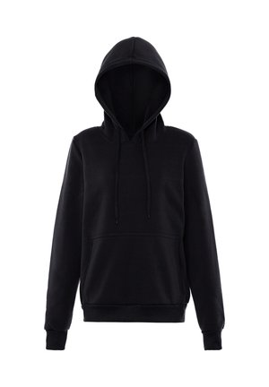 Czarna bluza z kapturem typu pullover z przednią kieszenią, długimi rękawami i regulowanym kapturem ze ściągaczem na białym tle.