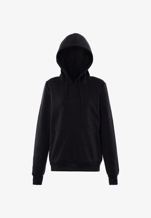 Czarna bluza z kapturem typu pullover z przednią kieszenią, długimi rękawami i regulowanym kapturem ze ściągaczem na białym tle.