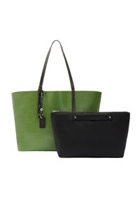 Zielona skórzana torba na ramię z dwoma uchwytami oraz czarna saszetka zapinana na zamek. Gładkie wykończenie torby; saszetka ma teksturowaną górę.