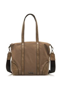 Bolso tote de nylon marrón con asas dobles y una correa de hombro desmontable. Acentos de ante a los lados y un detalle del logo en la parte frontal.