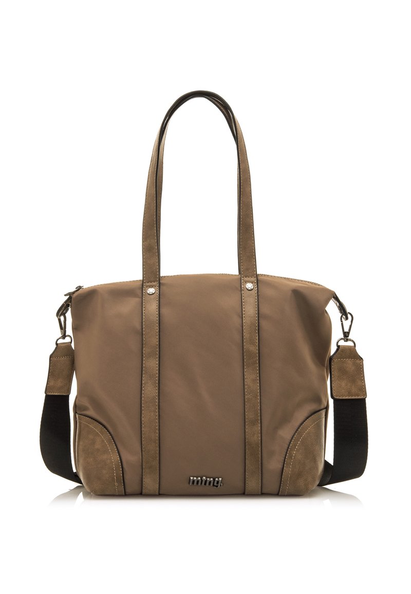 Bolso tote de nylon marrón con asas dobles y una correa de hombro desmontable. Acentos de ante a los lados y un detalle del logo en la parte frontal.