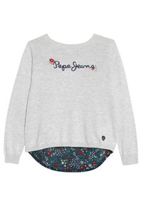 Maglione grigio chiaro a maniche lunghe con "Pepe Jeans" ricamato e pannello in tessuto floreale con fiori rossi, bianchi e verdi che spuntano dall'orlo.
