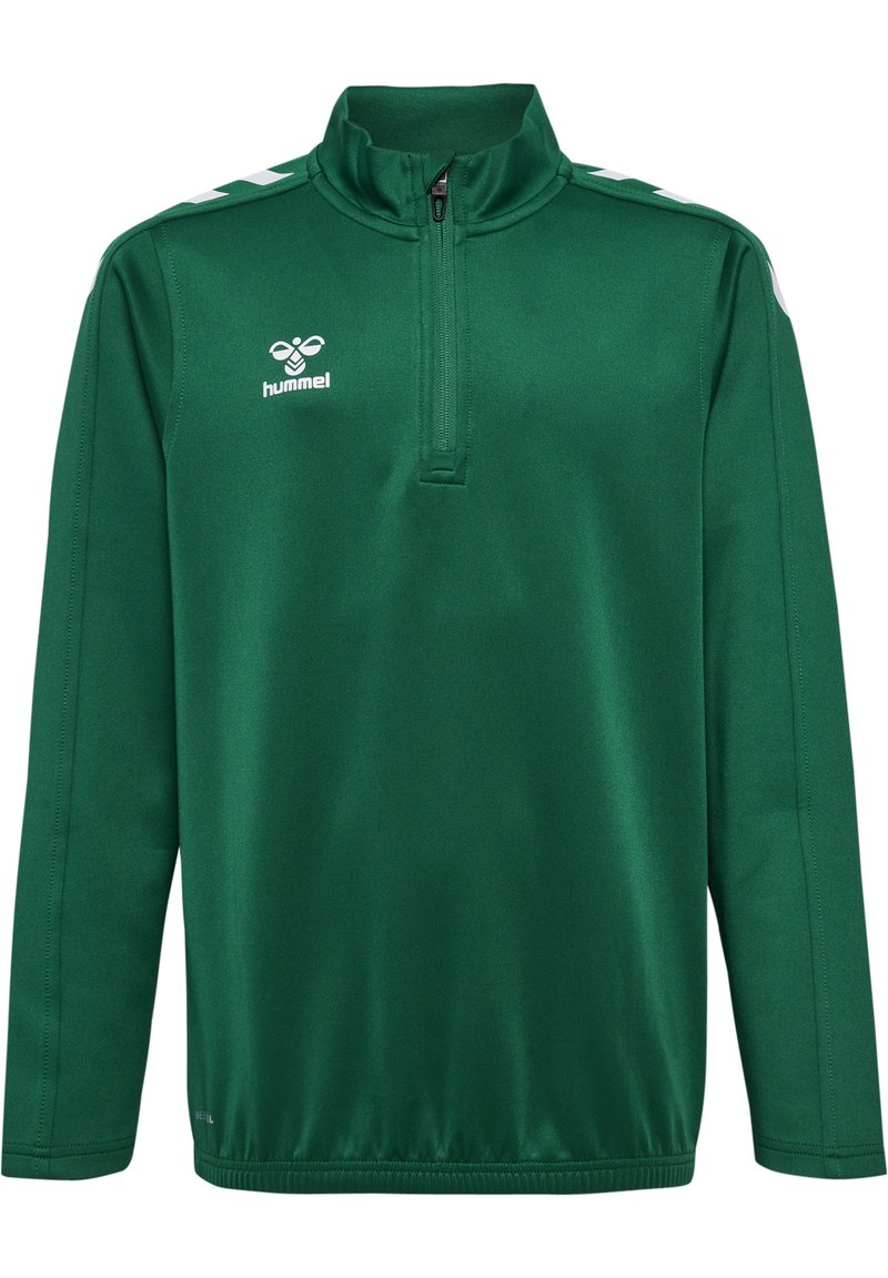 Groene pullover met een kwart-rits kraag, lange mouwen en witte schouderaccenten. Gemaakt van gladde stof, met het merkembleem op de borst.