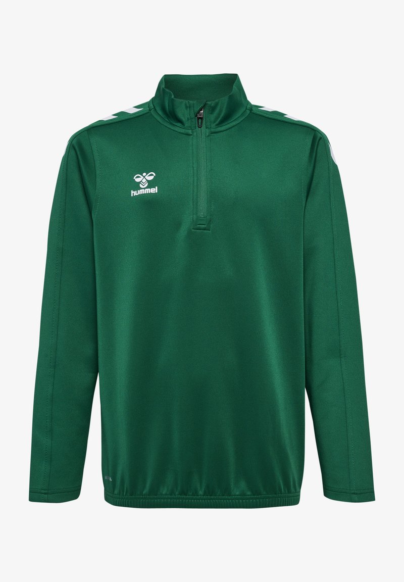 Groene pullover met een kwart-rits kraag, lange mouwen en witte schouderaccenten. Gemaakt van gladde stof, met het merkembleem op de borst.