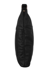 Musta nahkainen olkalaukku, jossa on yksittäinen ylälenkki kultasävyisellä napilla ja sileät, näkyvät saumat sen pituudella.