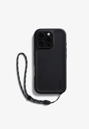 Black smartphone case with three camera lenses and attached black and gray wrist strap on a white background.