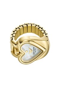 Gold-tone heart-shaped watch with a mother-of-pearl face, featuring gold hour markers and a flexible metal band. Logo displayed.