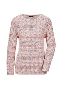Gestrickter Pullover in Pastellpink, Lila und Weiß mit einem strukturierten Muster, langen Ärmeln und einem runden Halsausschnitt.