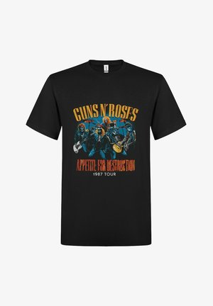 Camiseta de algodón negra con un gráfico colorido de los miembros de la banda y el texto "Guns N' Roses Appetite for Destruction 1987 Tour".