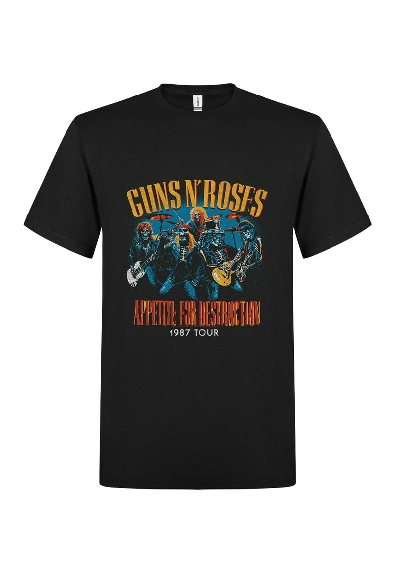 Černé bavlněné tričko s barevným potiskem členů kapely a textem "Guns N' Roses Appetite for Destruction 1987 Tour."