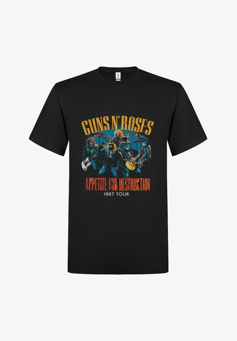 Svart bomull T-skjorte med fargerik grafikk av bandmedlemmer og teksten "Guns N' Roses Appetite for Destruction 1987 Tour."