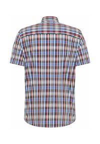 Kurzarmhemd aus Karo mit einem mehrfarbigen Muster in Blau, Rot, Gelb und Weiß. Baumwollstoff mit geradem Saum und Kragen.
