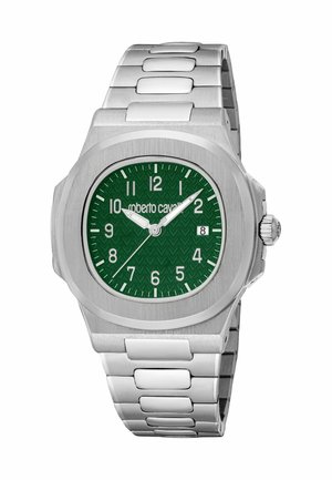 Montre-bracelet en métal argenté avec cadran vert texturé, index des heures blancs, fenêtre de date à 3 heures, et trois aiguilles indiquant 10:09:36.