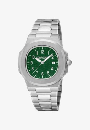 Montre-bracelet en métal argenté avec cadran vert texturé, index des heures blancs, fenêtre de date à 3 heures, et trois aiguilles indiquant 10:09:36.