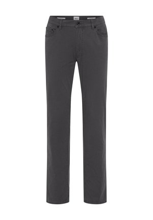 Dunkelgraue Herrenhose mit geradem Bein, fünf Taschen, Gürtelschlaufen und Knopfverschluss, Vorderansicht auf weißem Hintergrund.