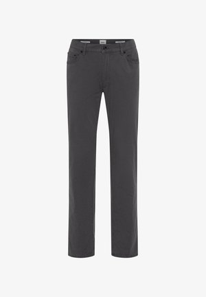 Dunkelgraue Herrenhose mit geradem Bein, fünf Taschen, Gürtelschlaufen und Knopfverschluss, Vorderansicht auf weißem Hintergrund.