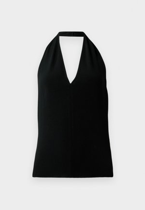 Top halter nero senza maniche con scollatura a V profonda e fascia sul dorso, esposto su uno sfondo bianco.