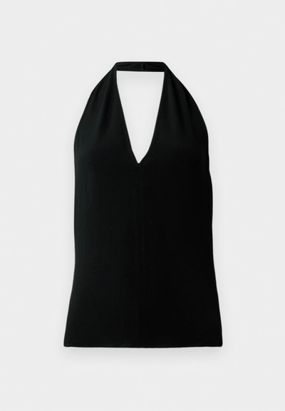 Black sleeveless halter top with a deep V-neck and back strap, displayed on a white background.