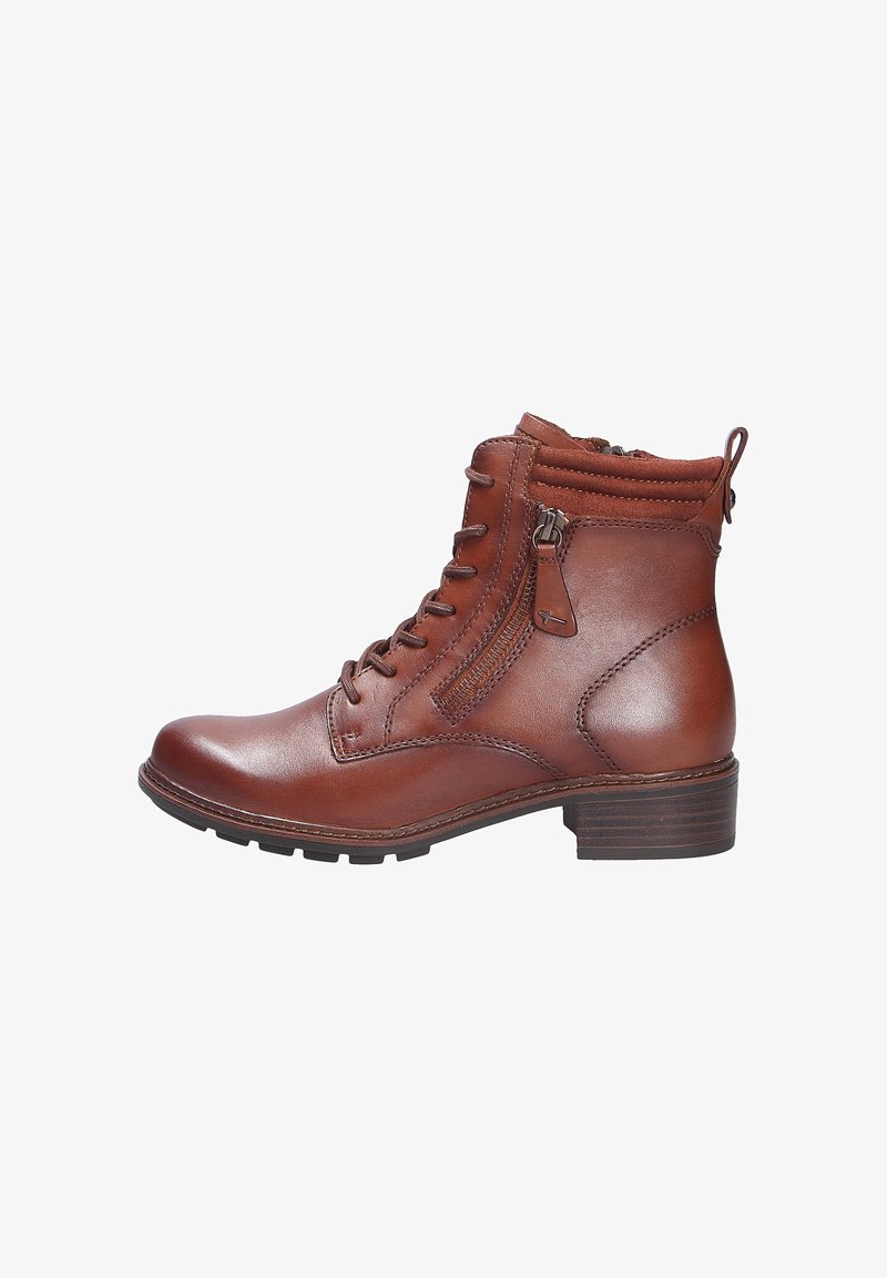 Bottines en cuir marron avec un bout rond, une fermeture éclaire latérale, des lacets et un col texturé. Elles présentent un petit talon carré et une semelle en caoutchouc pour une bonne adhérence.