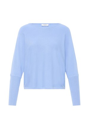 Maglione a maniche lunghe di colore azzurro chiaro, lavorato a maglia con polsini a coste e scollo rotondo, mostrato su sfondo bianco.
