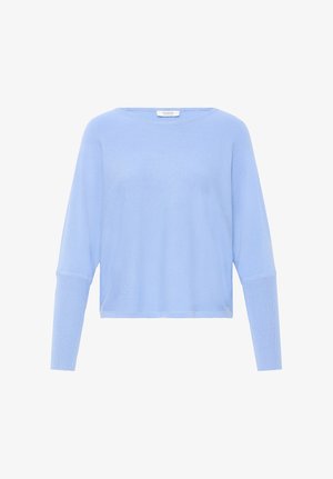Maglione a maniche lunghe di colore azzurro chiaro, lavorato a maglia con polsini a coste e scollo rotondo, mostrato su sfondo bianco.