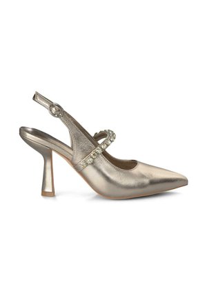 Pantofole slingback in oro metallizzato con punta affusolata, tacco a blocco di altezza media e cinturino decorativo con strass trasparenti.