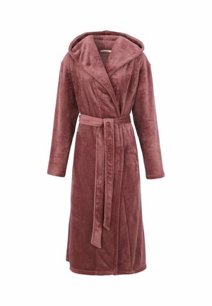 Hooded badrock i mjukt, plyschigt tyg i en dammig rosafärg. Har långa ärmar, ett bälte i midjan och en avslappnad passform.