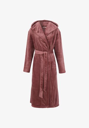 Huiden badjas gemaakt van zachte, pluizige stof in een stofroze kleur. Heeft lange mouwen, een ceintuur in de taille en een relaxed fit.