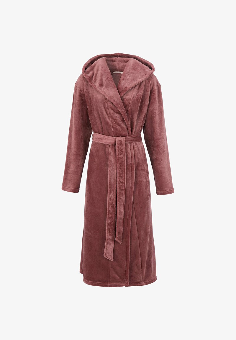 Hooded badrock i mjukt, plyschigt tyg i en dammig rosafärg. Har långa ärmar, ett bälte i midjan och en avslappnad passform.