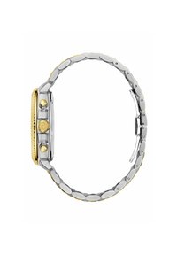 Silber- und goldfarbene Uhr mit rundem Gehäuse, strukturiertem Lünettenring und zwei Druckknöpfen. Das Armband besteht aus ovalen Gliedern und verfügt über eine Faltschließe.