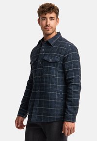 Navy checkered flannel shirt with button-up front, two chest pockets, and a collared neckline. Features a textured fabric.