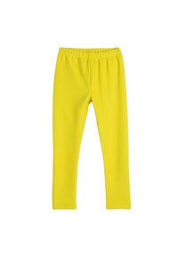 Gelbe dehnbare Leggings aus weichem Stoff mit einem elastischen Bund, die ein enges Design und eine glatte Textur ohne Muster aufweisen.