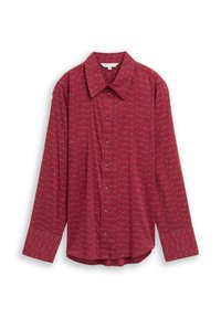 Rotes Langarmshirt mit Kragen und durchgehender Knopfleiste. Mit kleinen, abstrakten Mustern auf einem glatten Stoff versehen.