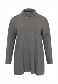 Graues, langärmliges Rollkragenoberteil mit entspannter Passform, ausgestattet mit einem hohen Kragen und seitlichen Schlitzen für mehr Bewegungsfreiheit. Weicher, strukturierter Stoff.