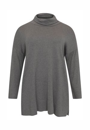 Grå, langærmet turtleneck-top med afslappet pasform, der har en høj krave og sideslidser for bevægelsesfrihed. Blødt, tekstureret stof.