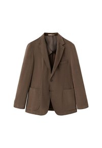 Brown blazer with a tailored fit, notched lapels, two front pockets, and a single button closure. Smooth fabric and structured design.