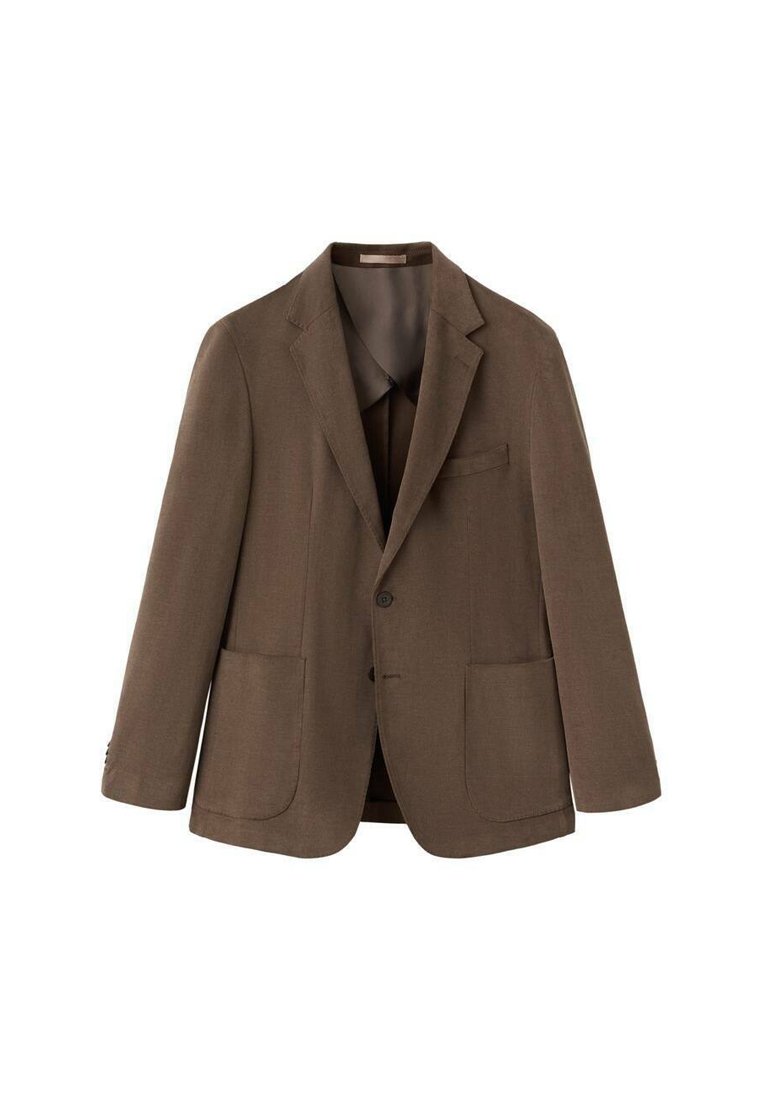 Brown blazer with a tailored fit, notched lapels, two front pockets, and a single button closure. Smooth fabric and structured design.