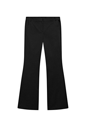 Schwarze, ausgestellte Hosen mit glatter Textur, die über seitliche Taschen und eine taillierte Passform verfügen. Hergestellt aus einem leichten Stoff.