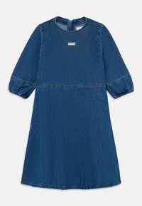 Denim dress in deep blue with a round neckline, puff sleeves, and a subtle seam line at the waist. Features a logo tag at the front.
