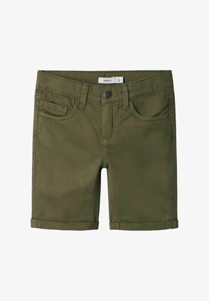 Olive green shorts made of cotton with a smooth texture, featuring a zipper fly, belt loops, and rolled cuffs for a casual design.