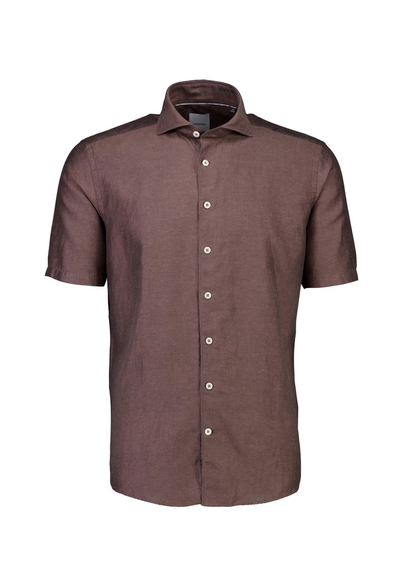 Korte mouwshirt van donkerbruin linnen met een gestructureerde kraag, een knoopsluiting en contrasterende knopen. Gladde textuur met een subtiele glans.