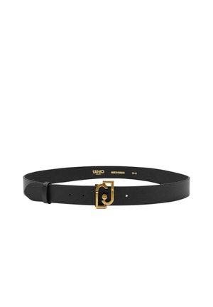 Cintura in pelle nera con fibbia rettangolare dorata con un logo stilizzato intrecciato al centro.