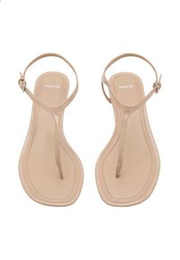 Beige Zehentrenner mit flacher Sohle, dünnen Riemen und Schnallenverschluss. Verfügt über ein minimalistisches Design und eine glatte Textur mit Logodetail.